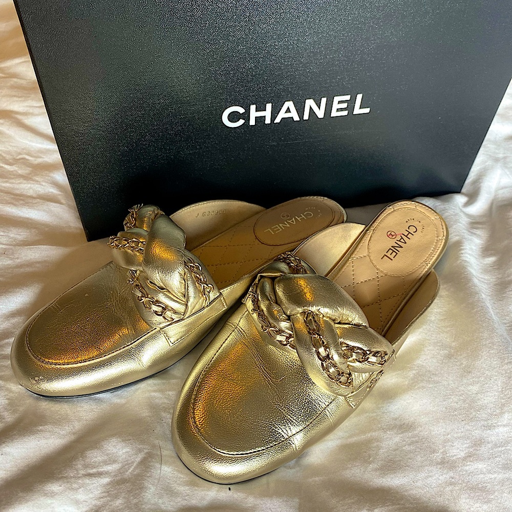 CHANEL Gold Mules with Chain Detail
